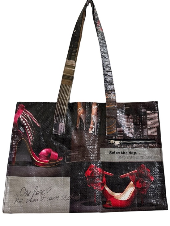 Handbags - Textured shiny vinyl high heel themed shopper tote